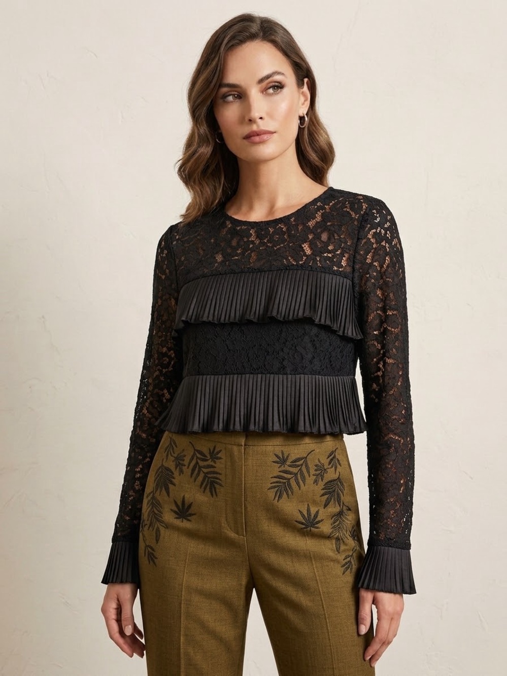 J. Crew Black Lace Long-Sleeve Pleated Ruffle Top